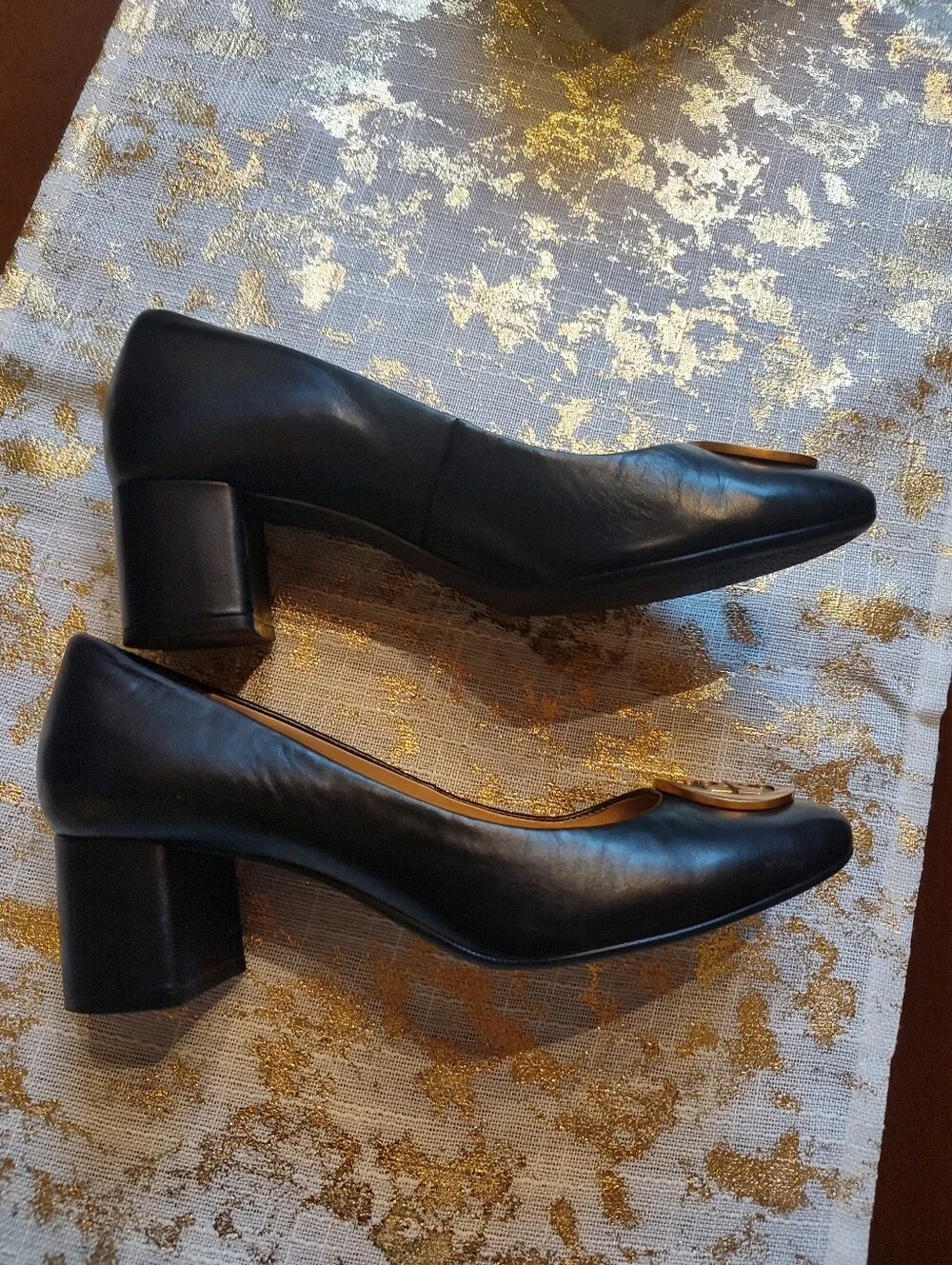 Tory Burch Black Leather Heels with Gold Logo Medallion